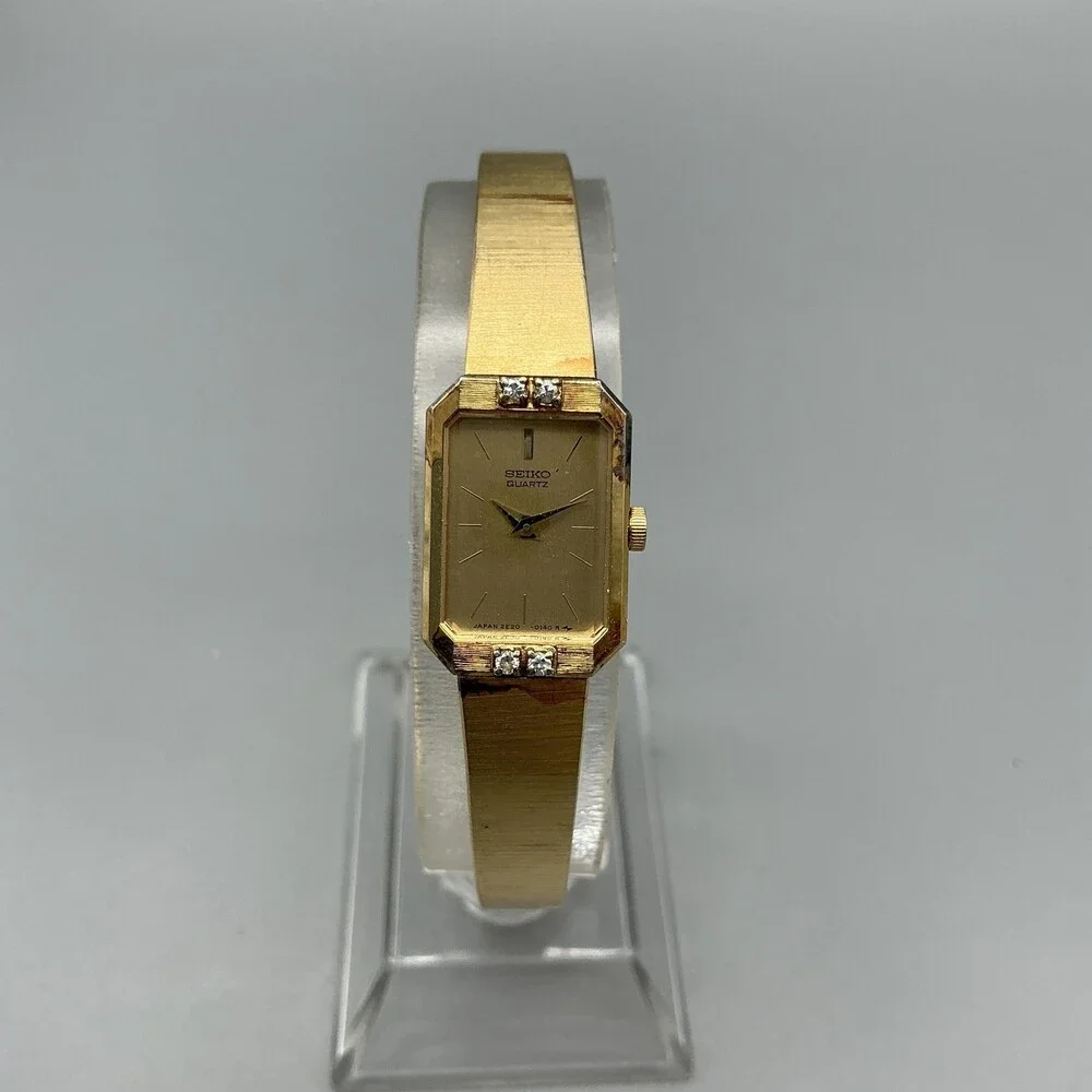 Vintage Seiko Womens Watch Gold Tone Bangle Gem Set 2E20-5099 New Battery 6.5
